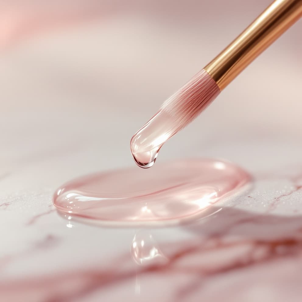 Goutte de gel transparente suspendue au bout d'un pinceau