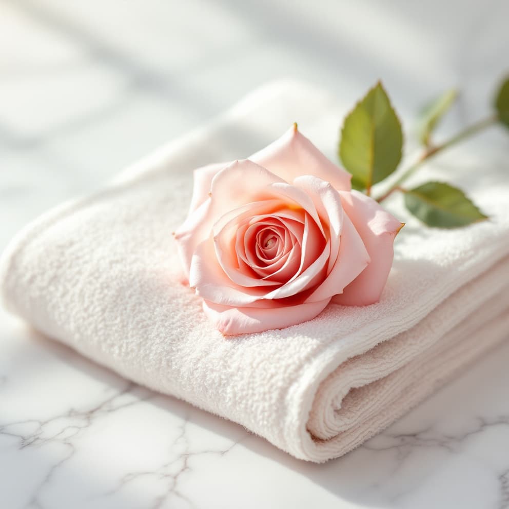 Serviette de lin ivoire pliée avec une fleur séchée