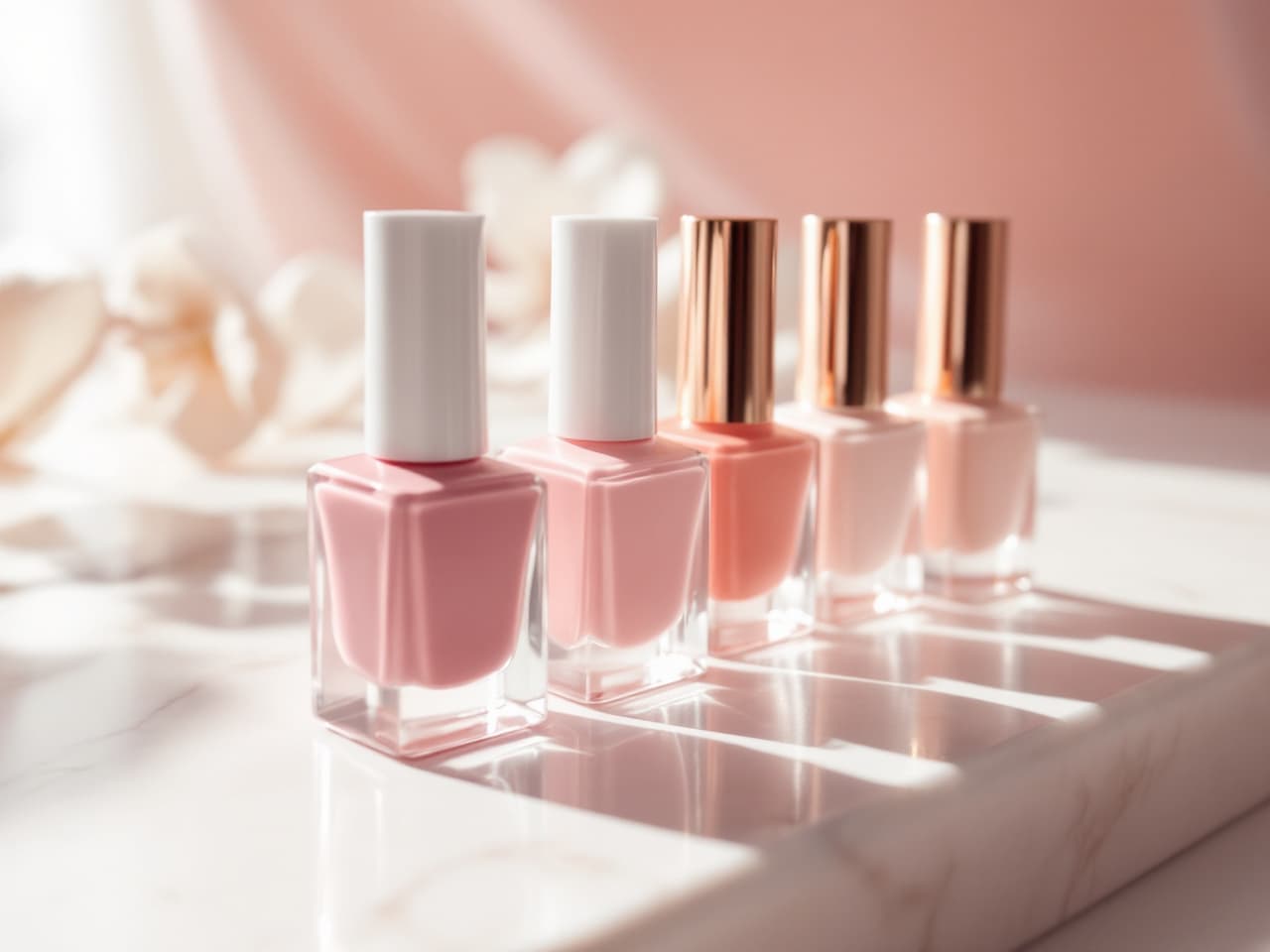 Rangée de flacons de vernis pastel sur du marbre blanc
