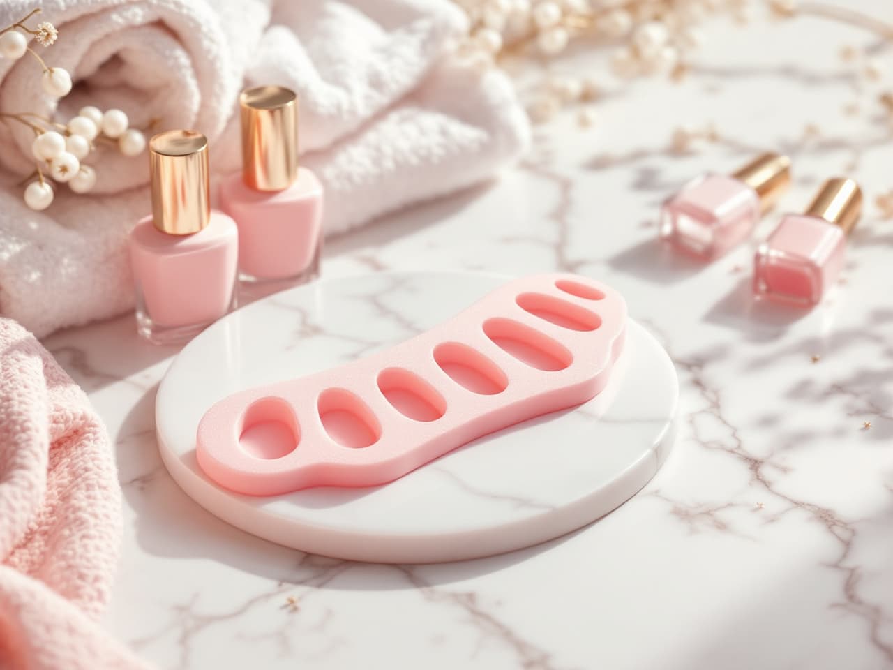 Séparateur d'orteils rose et flacons de vernis sur du marbre blanc