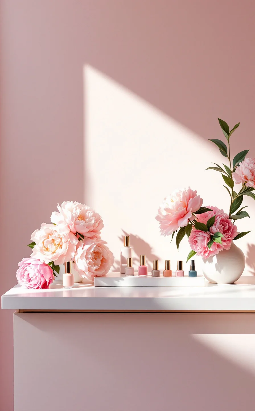 Le coin soins d'Emylia : un comptoir blanc près d'une fenêtre, des pivoines dans un vase de verre et des flacons pastel dans la lumière du jour